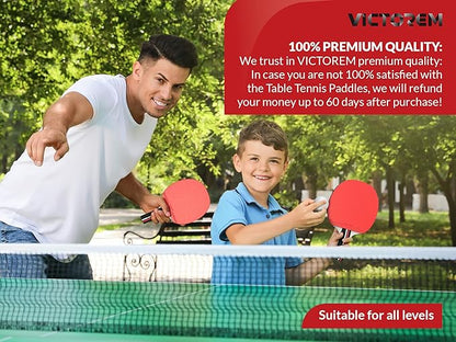 VICTOREM Table Tennis Paddles Set of 4 - Professional Ping Pong Paddles Set with Rubber & Ergonomic Handle for Enhanced Control & Spin - Speed & Control for Ultimate Performance with 8 Balls Included