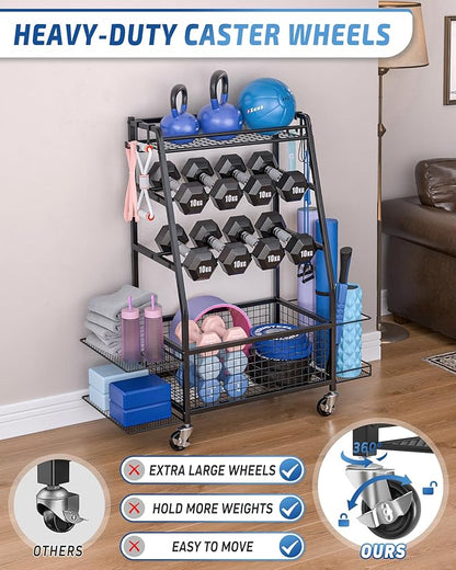 Staransun Dumbbell Rack Stand - Weight Rack for Dumbbells - Home Gym Storage Rack with 4 Flexible Wheels - Weight Rack for Home Gym with Side Storage and Hooks