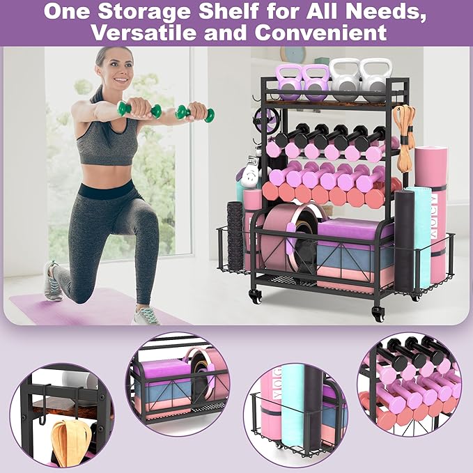 Dumbbell Rack, Home Gym Storage, Gym Storage Rack with Hooks and Wheels,Gym Equipment Storage,Weight Rack for Dumbbells for Organizing Yoga Mats, Kettlebells,Dumbbells, Foam Rollers and ball