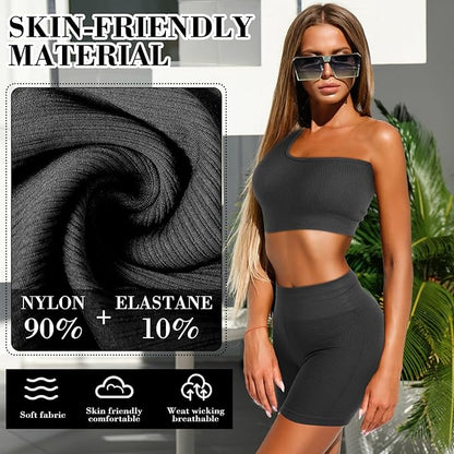 4 Pcs Women's Workout Sets Pilates Exercise Outfit Ribbed Scoop Neck Sports Bra Shorts Leggings Gym Clothes Set