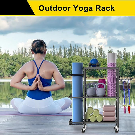 Home Gym Storage Rack, 3 Tier Yoga Mat Storage Rack with Wheel for Yoga Lover, Exercise Equipment and Workout Equipment Organizer, Yoga Mat Holder for Yoga Mats, Foam Roller and Dumbbells