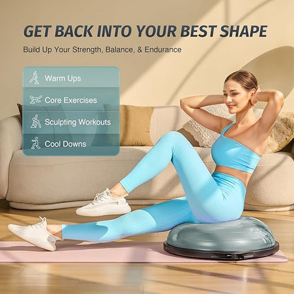 ZELUS 25in. Balance Ball | 660lb Inflatable Half Exercise Ball Wobble Board Balance Trainer w Nonslip Base | Half Yoga Ball Strength Training Equipment w 2 Bands, Pump, Extra Ball Included