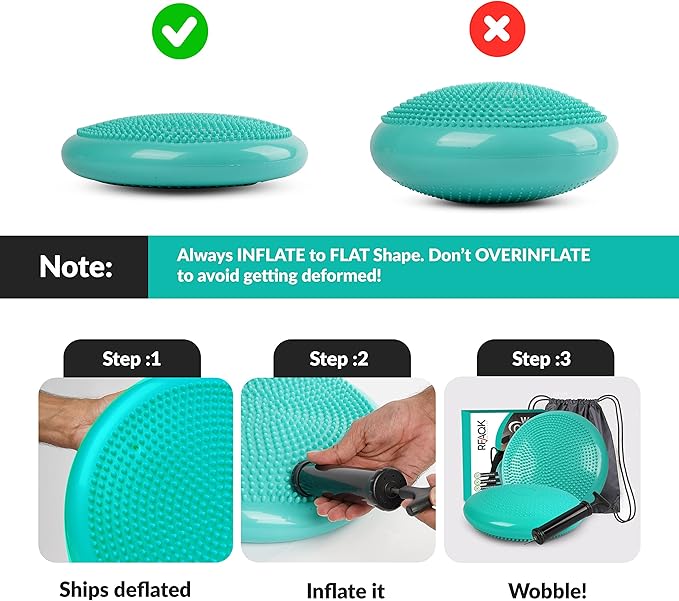 RFAQK Inflated Air Stability Wobble Cushion - Wiggle Seat to Improve Sitting Posture & Attention, Stability Balance Disc for Physical Therapy Exercise [Extra Thick, Pump, Bag, E-Book Included] (Green)