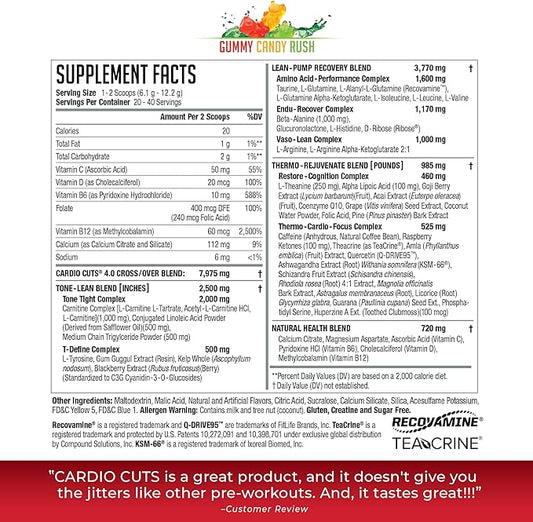 NDS Nutrition 4.0 Pre Workout Supplement - Advanced Weight Loss and Pre Cardio Formula with L-Carnitine, CLA, MCTs, L-Glutamine, and Safflower Oil - Gummy Rush (40 Servings)