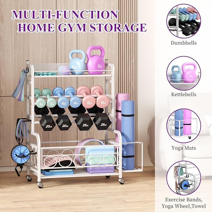Dumbbell Rack, VOPEAK Weight Rack for Home Gym, Home Gym Storage Rack for Yoga Mat Kettlebells and Strength Training Equipment, Weight Storage Rack for Dumbbells with Wheels