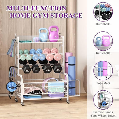 Dumbbell Rack, VOPEAK Weight Rack for Home Gym, Home Gym Storage Rack for Yoga Mat Kettlebells and Strength Training Equipment, Weight Storage Rack for Dumbbells with Wheels