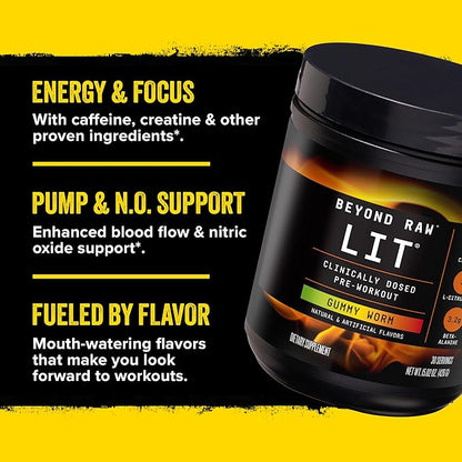 BEYOND RAW LIT PreWorkout Powder Supplement for Men and Women, Energy, Focus, Endurance, Pumps, Nitric Oxide Boost, 250mg Caffeine, Creatine, Beta Alanine, Blue Raspberry 30 Servings