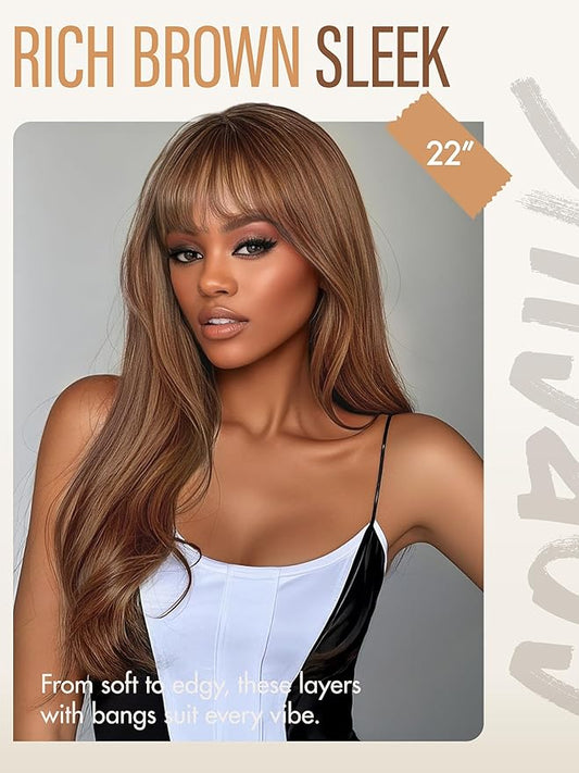 GORGIUS Straight Glueless Wig with Bangs Medium Brown Layered Hair Ready-to-Go Synthetic Bang Wigs with Realistic Scalp 24 Inch