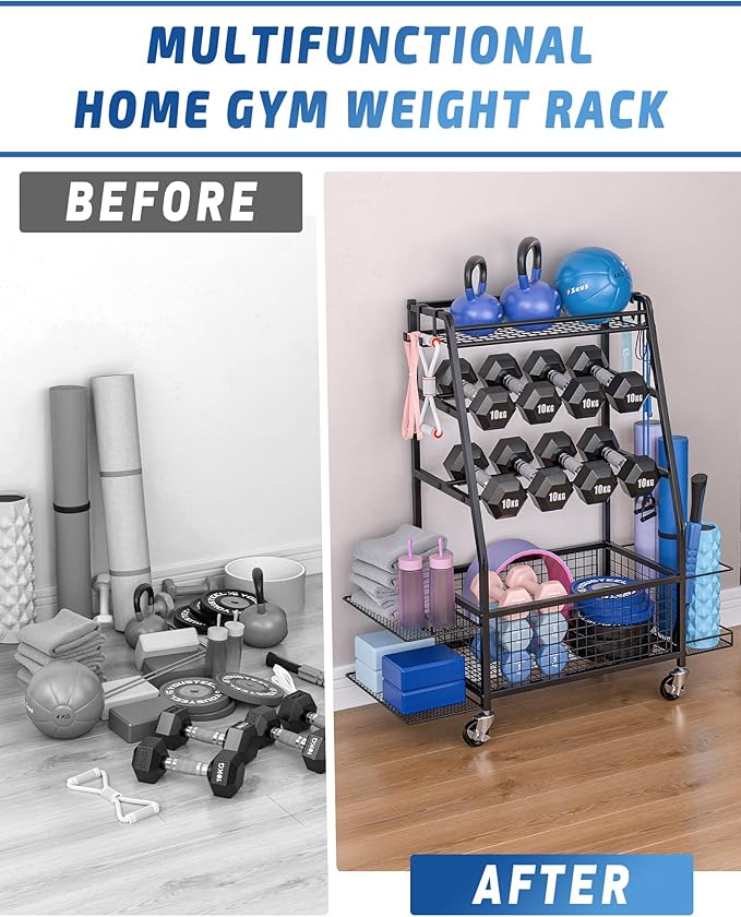 Staransun Dumbbell Rack Stand - Weight Rack for Dumbbells - Home Gym Storage Rack with 4 Flexible Wheels - Weight Rack for Home Gym with Side Storage and Hooks