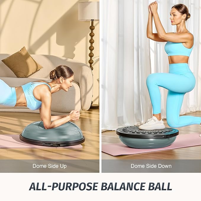 ZELUS 25in. Balance Ball | 660lb Inflatable Half Exercise Ball Wobble Board Balance Trainer w Nonslip Base | Half Yoga Ball Strength Training Equipment w 2 Bands, Pump, Extra Ball Included