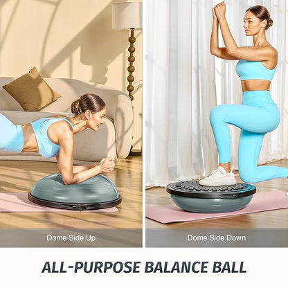 ZELUS 25in. Balance Ball | 660lb Inflatable Half Exercise Ball Wobble Board Balance Trainer w Nonslip Base | Half Yoga Ball Strength Training Equipment w 2 Bands, Pump, Extra Ball Included