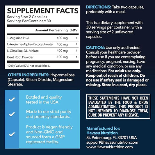L-Arginine Capsules Nitric Oxide Supplement for Men with L-Citrulline - 1200mg L Arginine and L Citrulline Blend - Non-GMO Veggie Capsule for Performance, Endurance and Muscle - 1 Month Supply