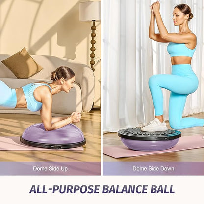 ZELUS 25in. Balance Ball | 660lb Inflatable Half Exercise Ball Wobble Board Balance Trainer w Nonslip Base | Half Yoga Ball Strength Training Equipment w 2 Bands, Pump, Extra Ball Included