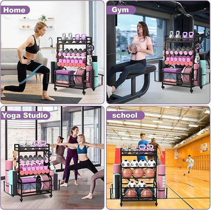 Dumbbell Rack, Home Gym Storage, Gym Storage Rack with Hooks and Wheels,Gym Equipment Storage,Weight Rack for Dumbbells for Organizing Yoga Mats, Kettlebells,Dumbbells, Foam Rollers and ball