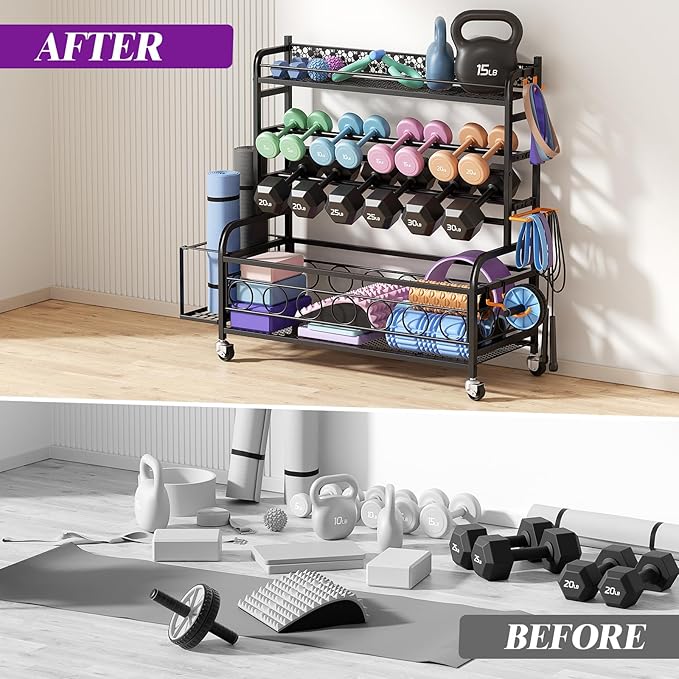 Dumbbell Rack, VOPEAK Weight Rack for Home Gym, Home Gym Storage Rack for Yoga Mat Kettlebells and Strength Training Equipment, Weight Storage Rack for Dumbbells with Wheels