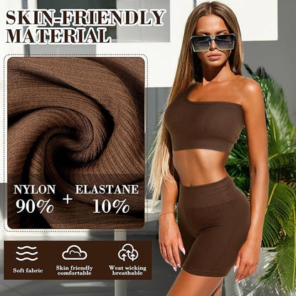 4 Pcs Women's Workout Sets Pilates Exercise Outfit Ribbed Scoop Neck Sports Bra Shorts Leggings Gym Clothes Set