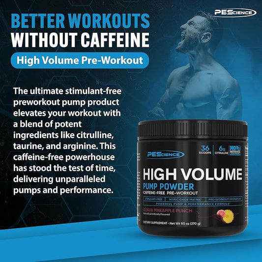 PEScience High Volume Stim-Free Pre Workout, Nitric Oxide Booster with L Citrulline & L Arginine Nitrate, Non-Stim Preworkout for Men and Women, 36 Scoops, Guava Pineapple Punch