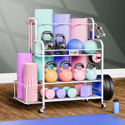 Yes4All Dumbbell Rack, Weight Rack for Home Gym, Sports Equipment Organizer for Dumbbells Kettlebells Yoga Mat Foam Roller and Balls, All in One Gym Workout Storage with Wheels and Hooks