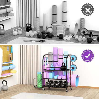 Dumbbell Rack, Weight Rack for Home Gym, 400LBS Metal Home Gym Storage with Lockable Wheels & 4 Adjustable Hooks, Weight Stand for Yoga Mat Storage, Dumbbells, Kettlebell, Foam Roller, Resistance Bands (Black)