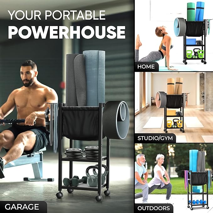 Multifunctional Home Gym Storage Rack - Metal Exercise Equipment Storage w/Wooden Shelf, Hooks & Black Yoga Mat Home Gym Organizer Basket - 88LBS Max Cap Weight Rack for Dumbbells & More