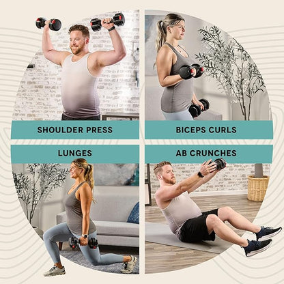 Lifepro Adjustable Dumbbells Set - 5in1-15lb 25lb 43lb weights Set & Single with Rack - Quick Adjust, Secure Grip - Compact Hand Weights for Men Women Home Gym