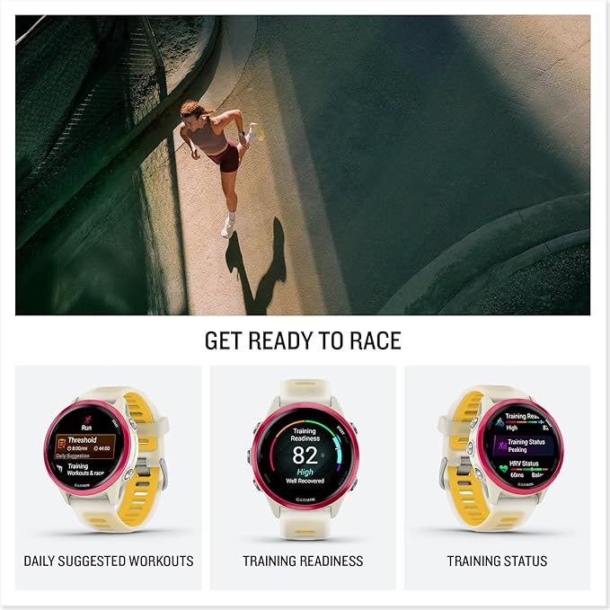 Garmin Forerunner 570 Running Smartwatch, 42MM WiFi, GPS Fitness Smart Watch for Men and Women, Raspberry Aluminum with Translucent Bone/Mango Band + Access 600 Fitness Monitor, XS-S + More