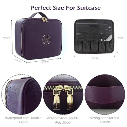 MOMIRA Travel Makeup Bag Cosmetic Bag Makeup Organizer Bag with Lighted Mirror, Adjustable Brightness in 3 Color Scenarios, Waterproof Makeup Train Case, Gift for Women - Deep Purple