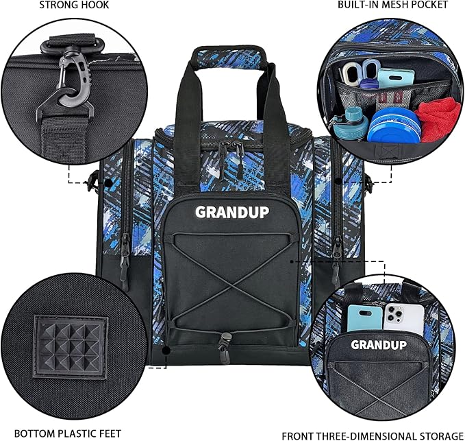GRANDUP Bowling Ball Bag for Single Ball - Black Bowling accessories Ball Tote Bag Bowling Bag with Padded Ball Holder - Fits Bowling Shoes Up to Mens Size 14