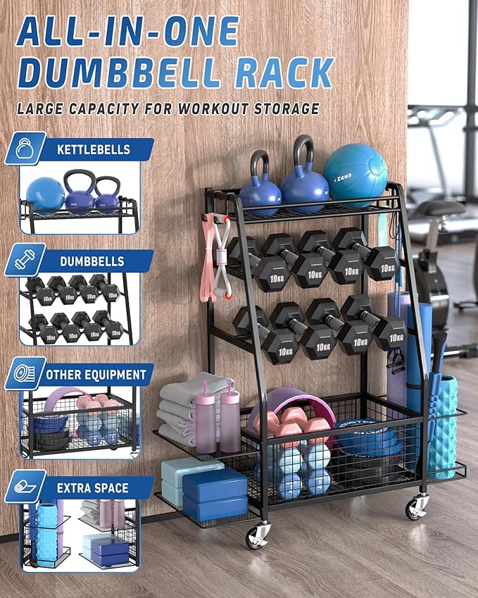 Staransun Dumbbell Rack Stand - Weight Rack for Dumbbells - Home Gym Storage Rack with 4 Flexible Wheels - Weight Rack for Home Gym with Side Storage and Hooks