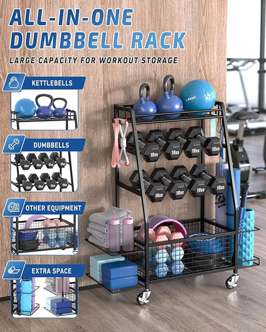 Staransun Dumbbell Rack Stand - Weight Rack for Dumbbells - Home Gym Storage Rack with 4 Flexible Wheels - Weight Rack for Home Gym with Side Storage and Hooks