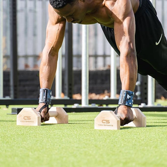 Calisthenics Wood Parallettes Bars | Push Up Bar That Will Not Slip or Wobble | Wrist Wraps Included