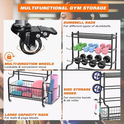 Dumbbell Rack Home Gym Weight Rack for Dumbbells, Kettlebells, Foam Rollers, Yoga Mats and Resistance Bands, Workout Gear Organizer With Wheels