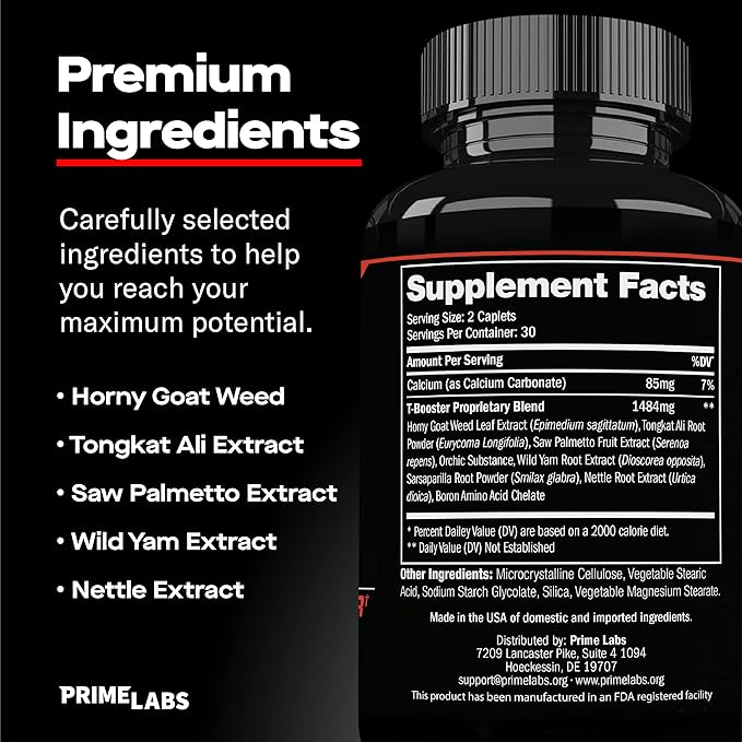 Prime Labs Men's Testosterone Booster (2-Pack) - Stamina, Endurance, & Strength - 120 Caplets