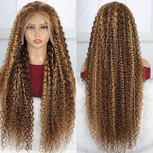 FABA Ombre Deep Wave Lace Front Wig 26 Inch 13X4 Honey Blonde Glueless Wigs Human Hair Brown Wig with Highlights 180% Density Highlighted Lace Front Wig Human Hair Pre Plucked with Baby Hair