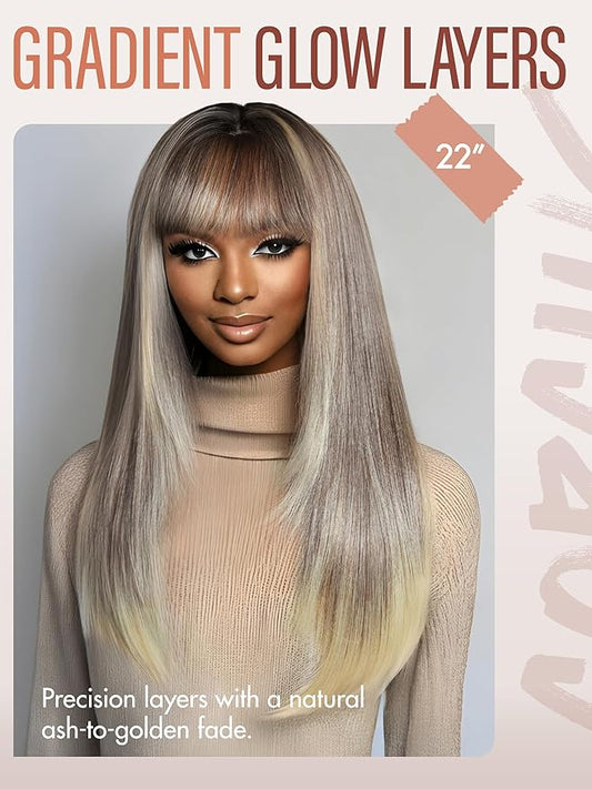 GORGIUS Straight Glueless Wig with Bangs Ash Brown to Blonde Layered Hair Ready-to-Go Synthetic Bang Wigs with Realistic Scalp 24 Inch