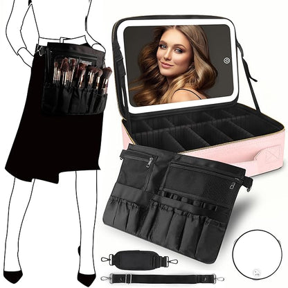 MOMIRA Large Makeup Train Case with Lighted and Mirror 14inch Partitionable Cosmetic Bag Travel Makeup Case Professional Cosmetic Artist Organizer, Waterproof Portable, with Shoulder Stra Pink