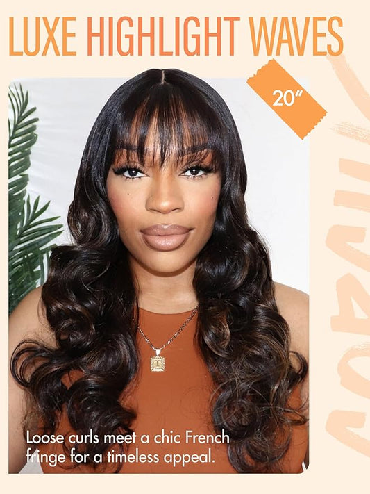 GORGIUS Glueless Wavy Wig with Bangs Highlight Brown Synthetic Curtain Bang Wig with Realistic Scalp 22 Inch