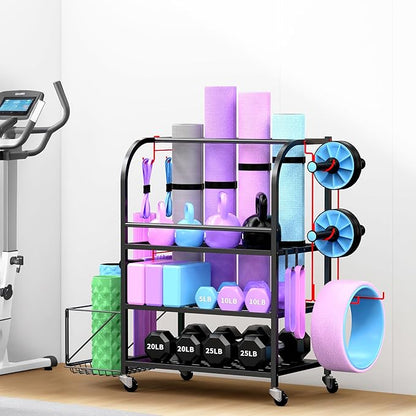 Dumbbell Rack, Weight Rack for Home Gym, 400LBS Metal Home Gym Storage with Lockable Wheels & 4 Adjustable Hooks, Weight Stand for Yoga Mat Storage, Dumbbells, Kettlebell, Foam Roller, Resistance Bands (Black)