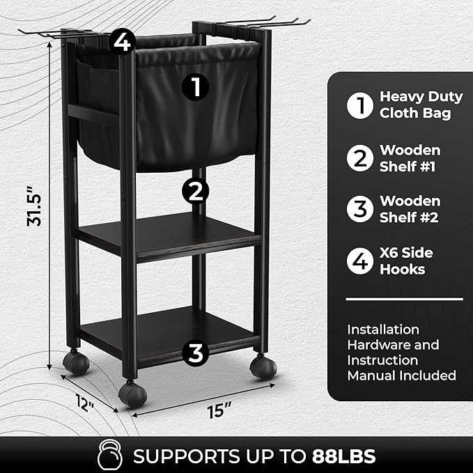 Multifunctional Home Gym Storage Rack - Metal Exercise Equipment Storage w/Wooden Shelf, Hooks & Black Yoga Mat Home Gym Organizer Basket - 88LBS Max Cap Weight Rack for Dumbbells & More