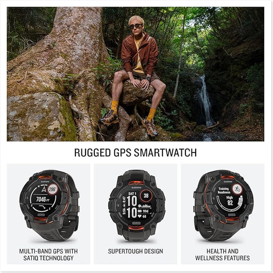 Garmin Instinct 3 Advanced GPS Adventure Watch, Black with Charcoal Band | 50mm Solar Charged Display | Wrist Based Heart Rate Monitor with Signature Stand Power Bundle