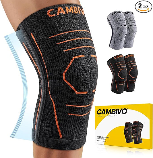 CAMBIVO Knee Brace for Women and Men with Side Stabilizer 2 Pack, Lightweight Knee Compression Sleeves for Knee Pain Relief, Running, Workout and Daily Activities – Essential Series (Orange, Small)