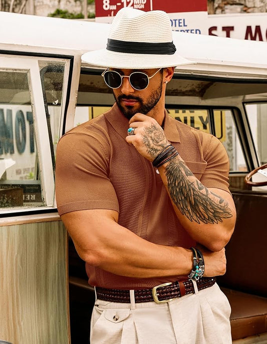 GRACE KARIN Mens Knit Polo Shirts Short Sleeve Knitted Texture Lightweight Waffle Golf Shirts Sweater