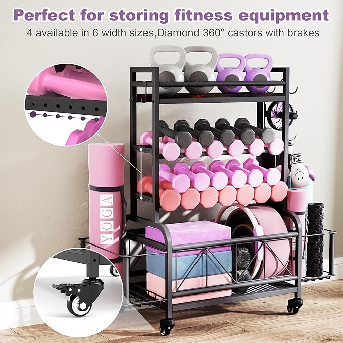 Dumbbell Rack, Home Gym Storage, Gym Storage Rack with Hooks and Wheels,Gym Equipment Storage,Weight Rack for Dumbbells for Organizing Yoga Mats, Kettlebells,Dumbbells, Foam Rollers and ball