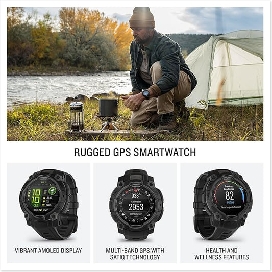 Garmin Instinct 3 Advanced GPS Adventure Watch, Black with Charcoal Band | 50mm AMOLED Display | Wrist Based Heart Rate Monitor, Up to 16 Days of Battery Life with Signature Stand Power Bundle