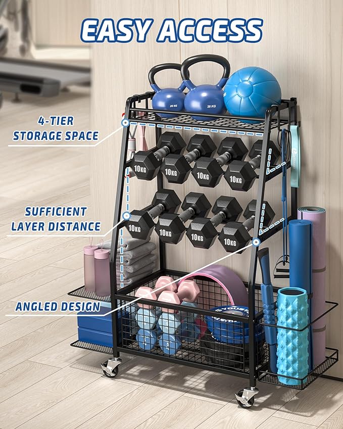 Staransun Dumbbell Rack Stand - Weight Rack for Dumbbells - Home Gym Storage Rack with 4 Flexible Wheels - Weight Rack for Home Gym with Side Storage and Hooks