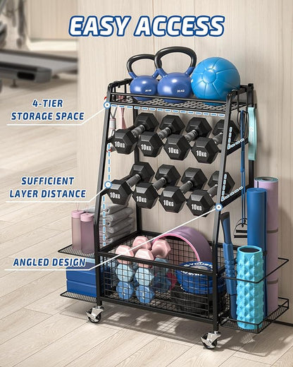 Staransun Dumbbell Rack Stand - Weight Rack for Dumbbells - Home Gym Storage Rack with 4 Flexible Wheels - Weight Rack for Home Gym with Side Storage and Hooks