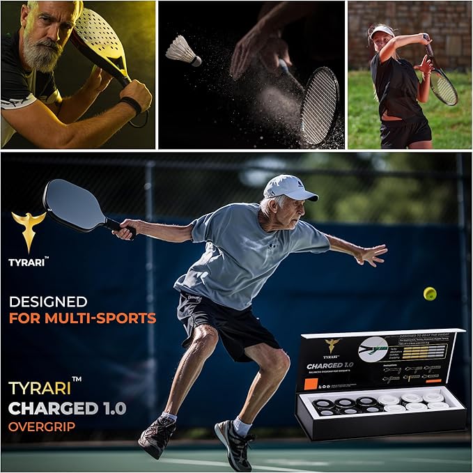 Charged 1.0 Overgrip 12 Pack - Durable, Absorbent, Soft, Tacky All-Round Over Grip for Tennis, Pickleball, Badminton, Paddle, Squash and Other Racket Handles