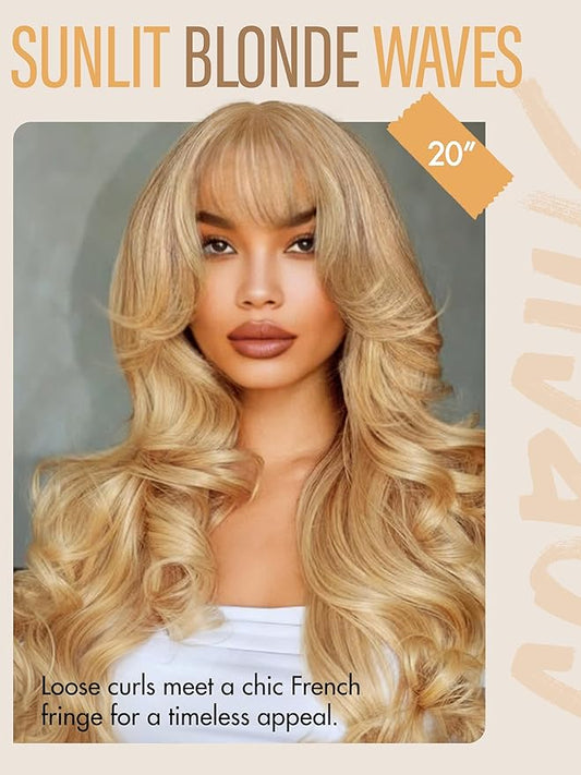 GORGIUS Glueless Wavy Wig with Bangs Honey Blonde Synthetic Curtain Bang Wig with Realistic Scalp 22 Inch
