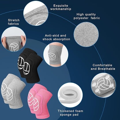 Leyndo 3 Pairs Volleyball Knee Pads for Kids Soft Breathable Non Slip Dance Knee Pads Collision Avoidance Knee Brace for Youth Girls Boys Dance Yoga Running Workout