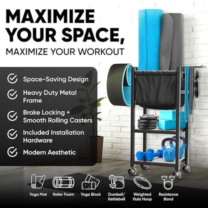 Multifunctional Home Gym Storage Rack - Metal Exercise Equipment Storage w/Wooden Shelf, Hooks & Black Yoga Mat Home Gym Organizer Basket - 88LBS Max Cap Weight Rack for Dumbbells & More